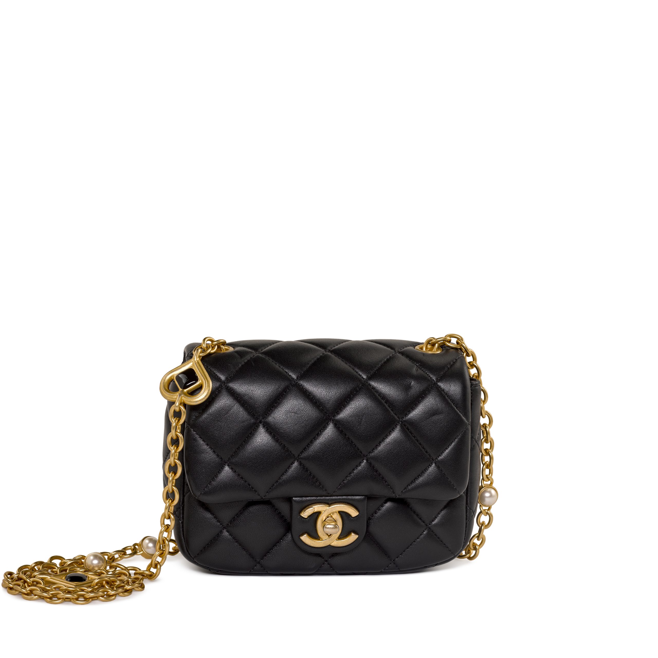 Black Quilted Lambskin Mini Rectangular Gemstone and Imitation Pearl Heart Chain Classic Single Flap Gold Hardware, 2022