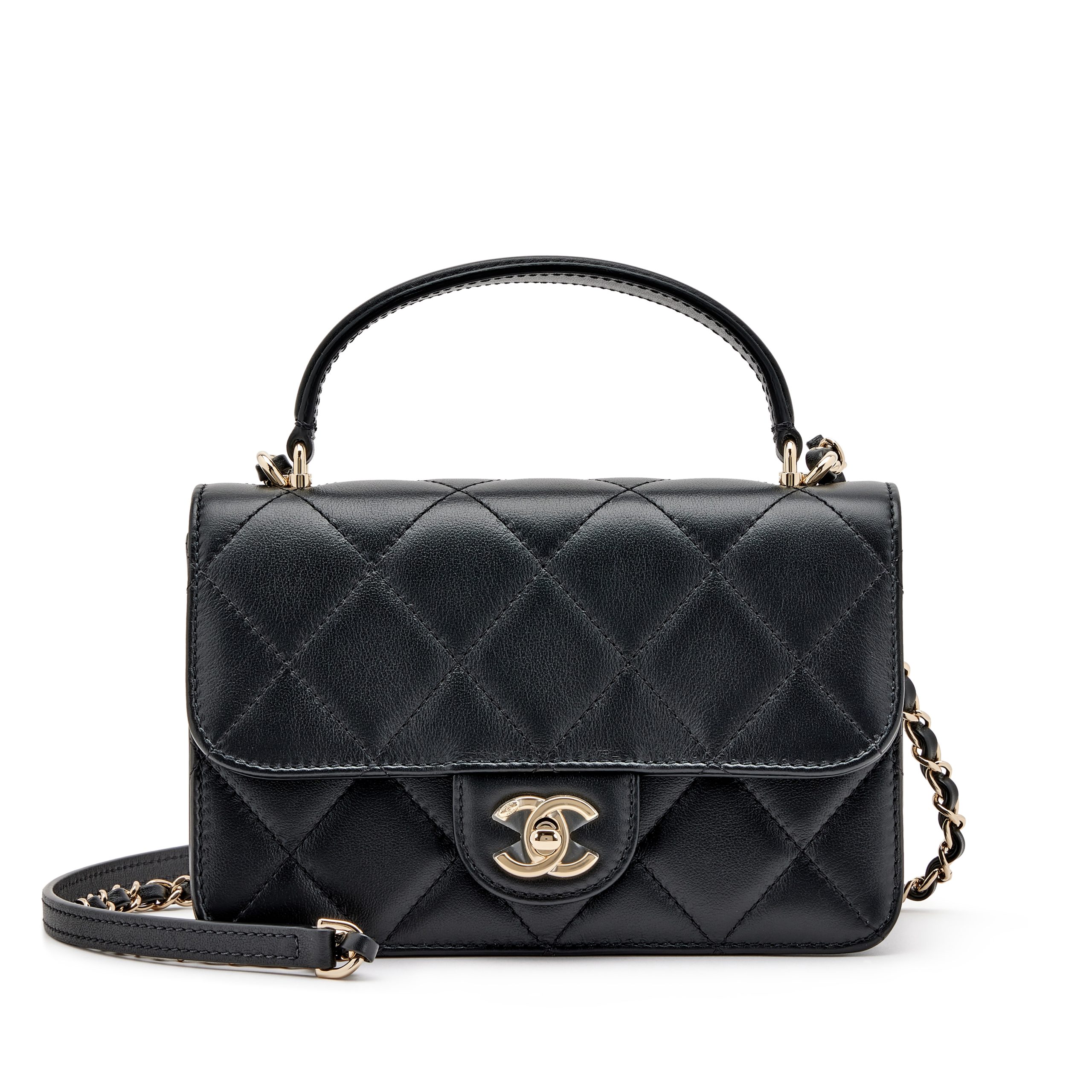 Black Quilted Lambskin Small Top Handle Flap Pale Gold Hardware, 2021