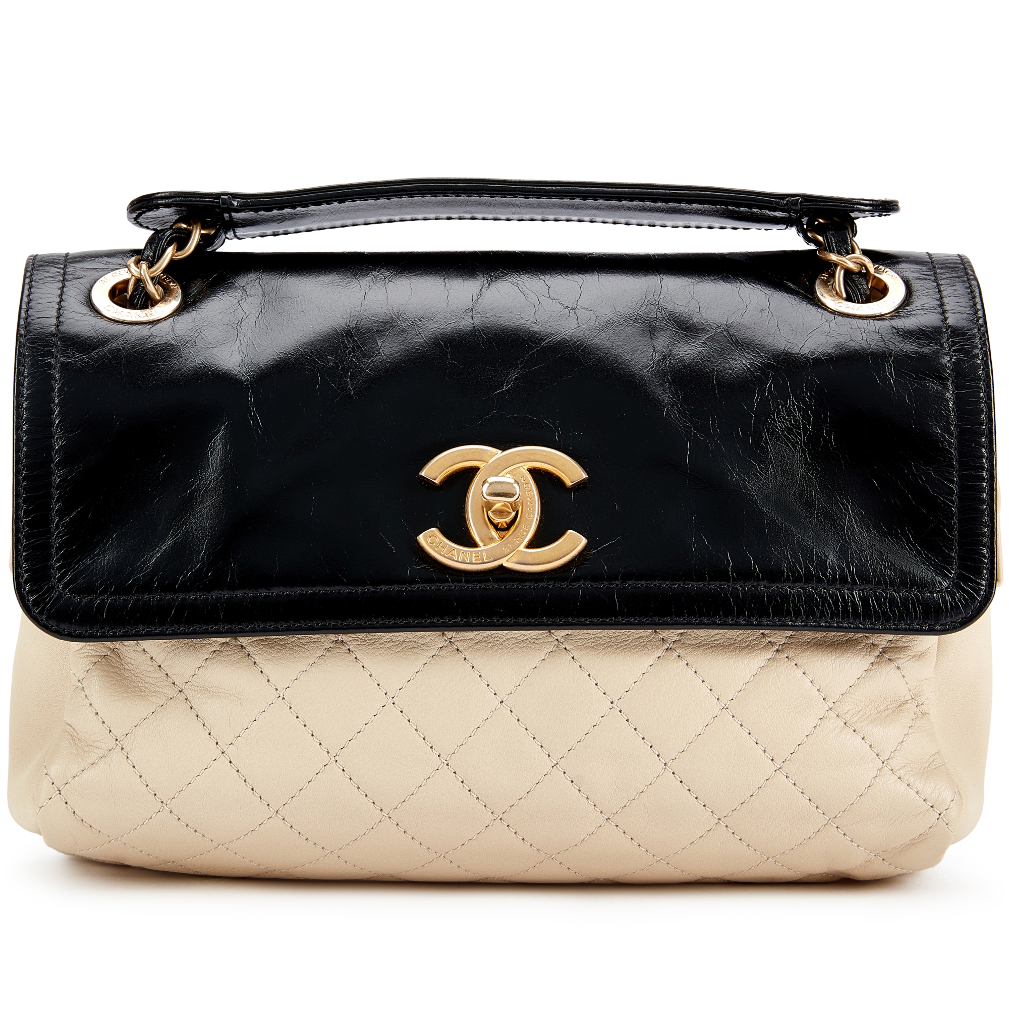 Cream Quilted and Black Calfskin Flap Bag Gold Hardware, 2012