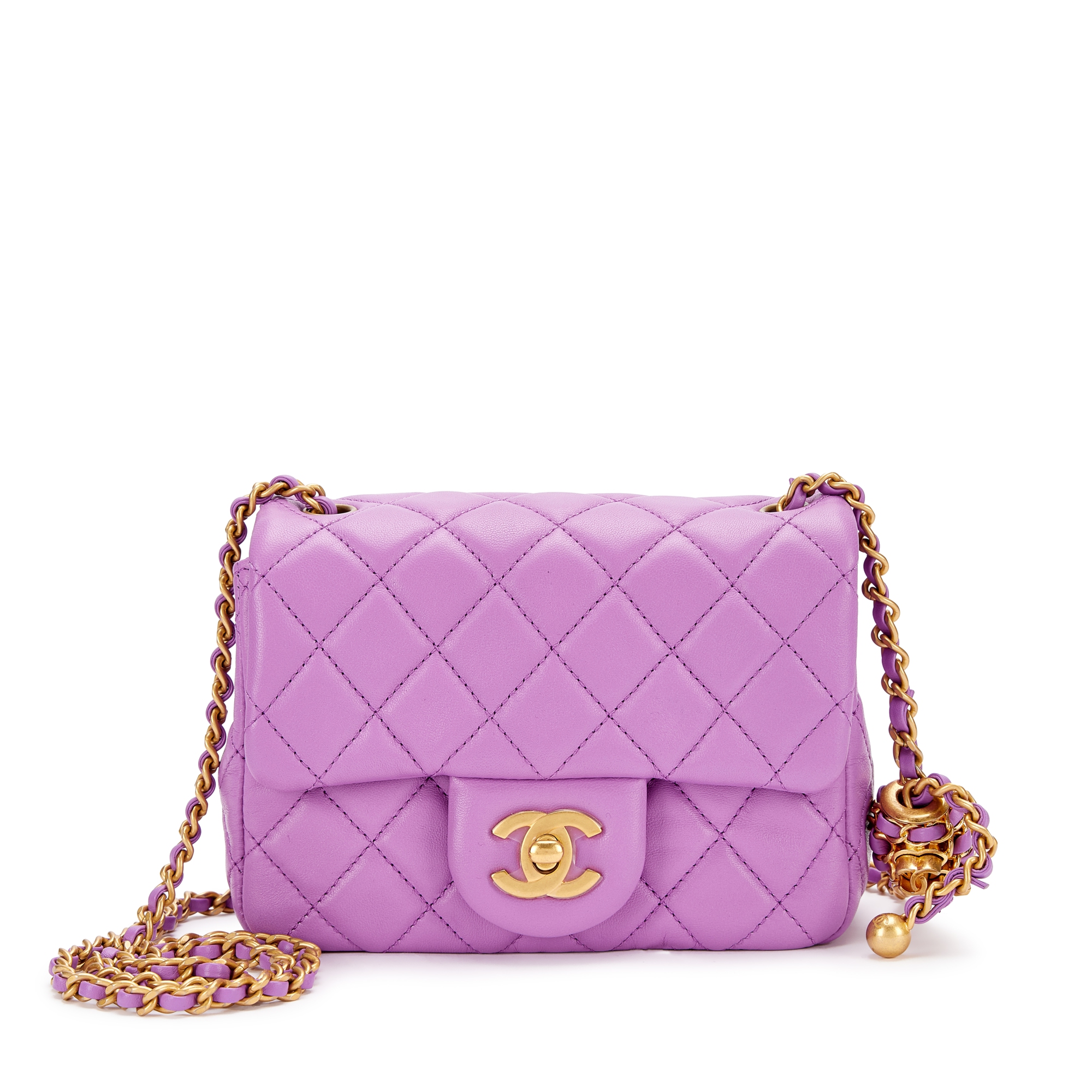 Purple Quilted Lambskin Pearl Crush Flap Bag Brushed Gold Hardware