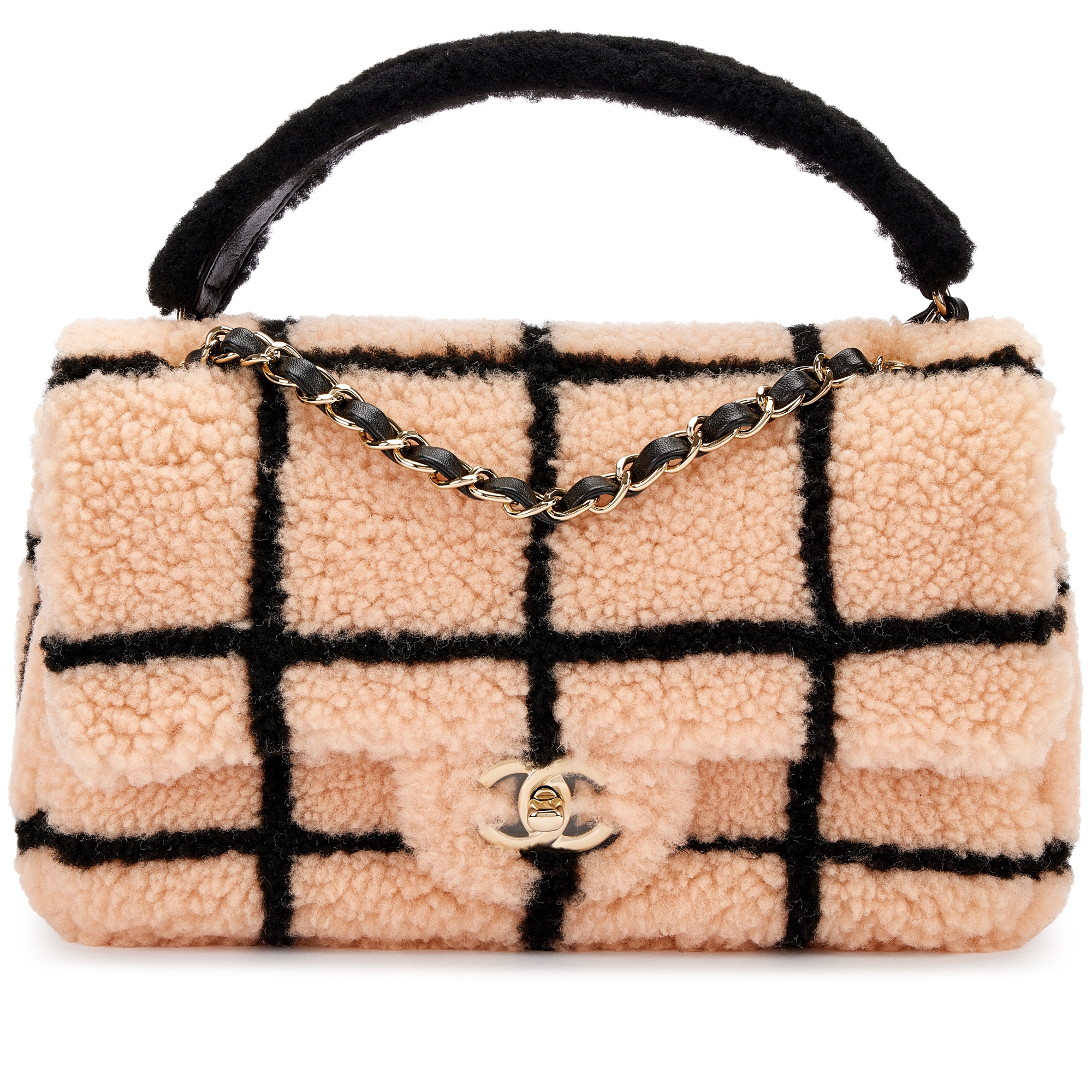 Pink and Black Shearling Flap Bag Pale Gold Hardware