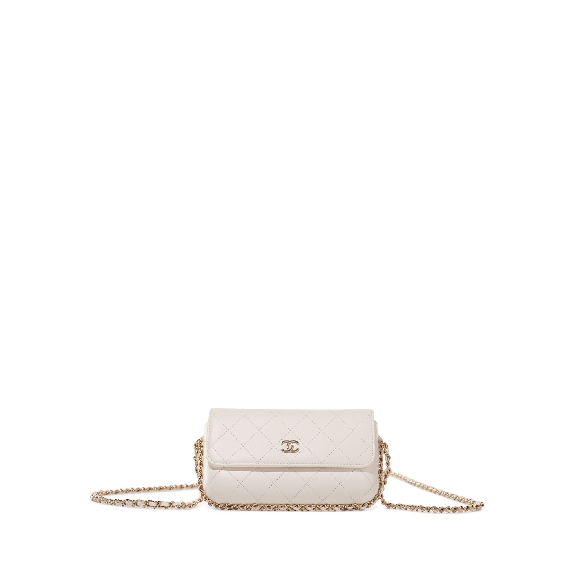 White Quilted Lambskin Clutch on Chain Pale Gold Hardware