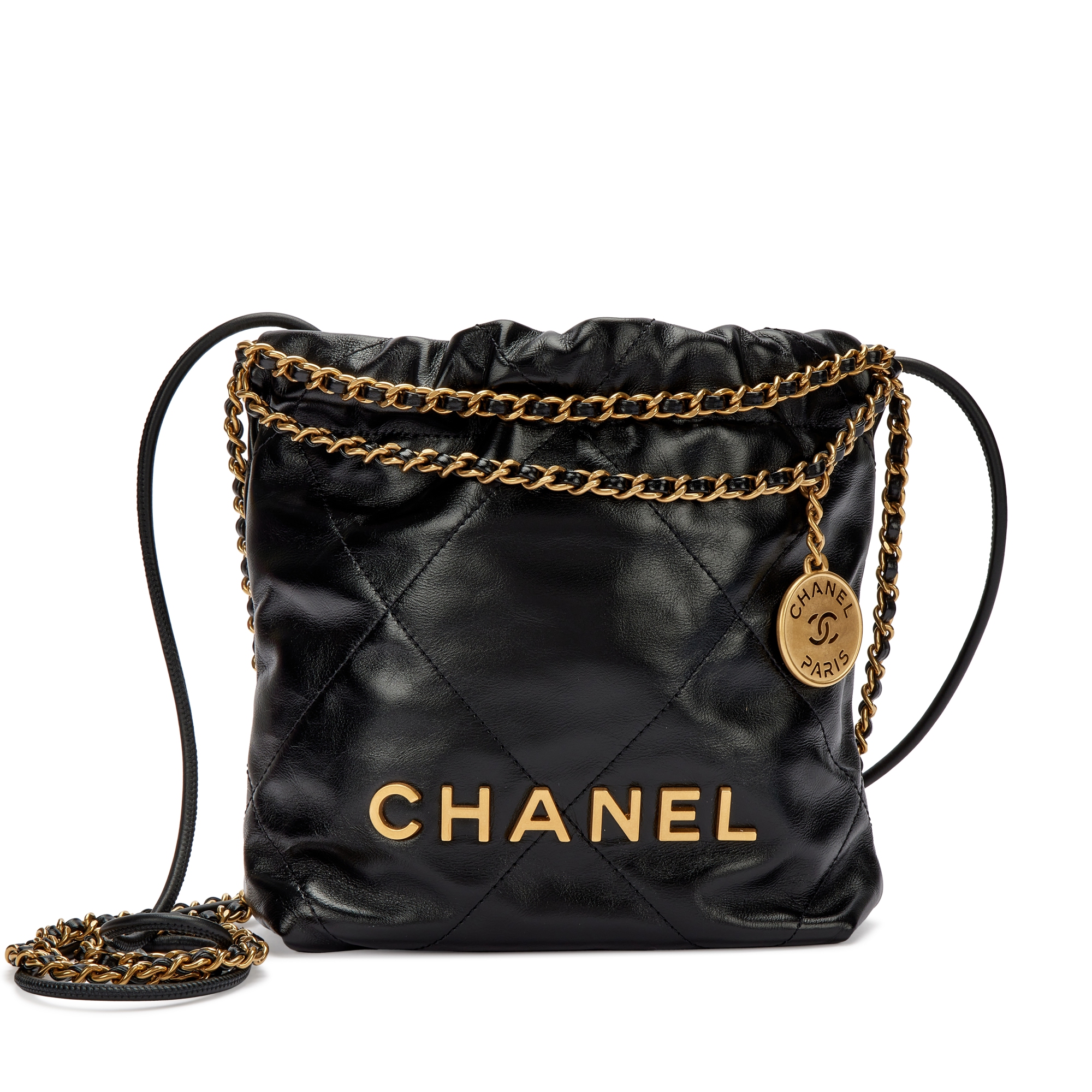 Black Quilted Calfskin Mini 22 Bag Brushed Gold Hardware