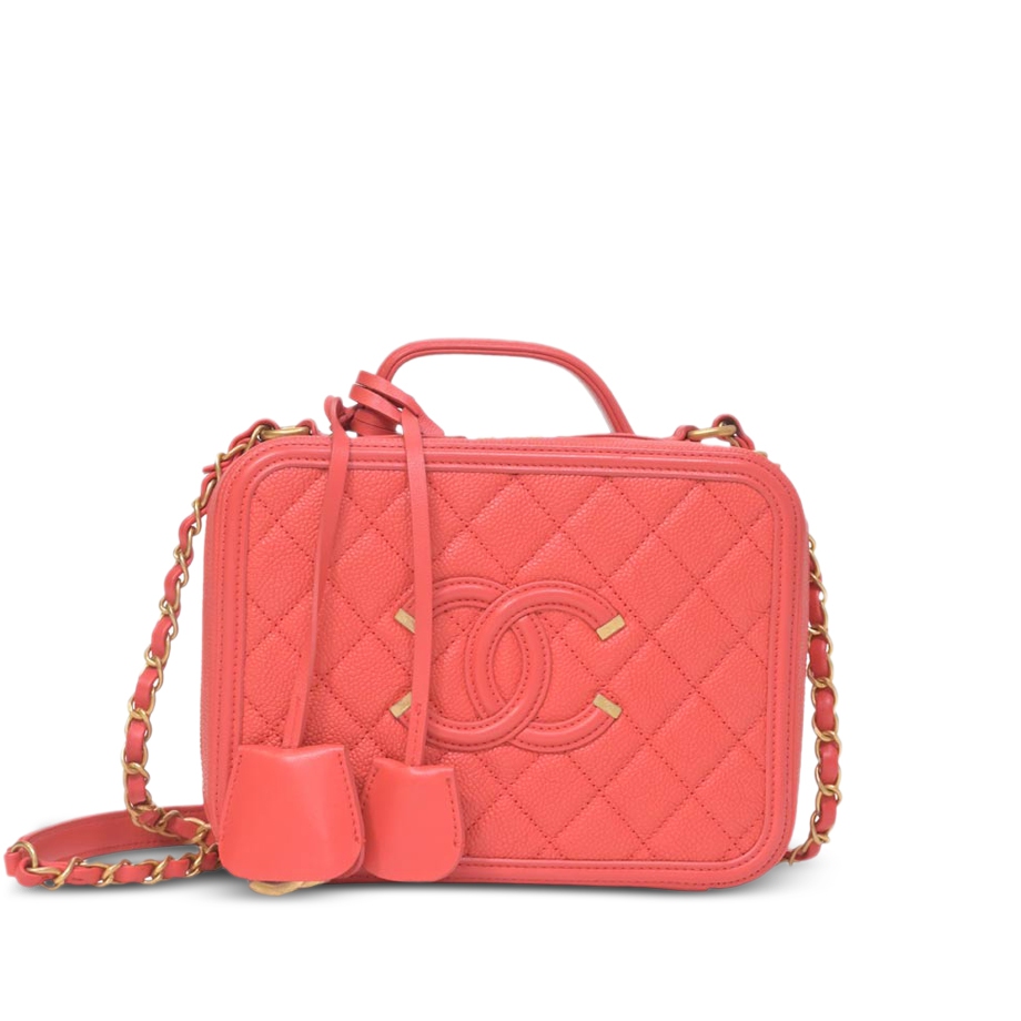 Coral Quilted Caviar CC Filigree Vanity Case Brushed Gold Hardware, 2019
