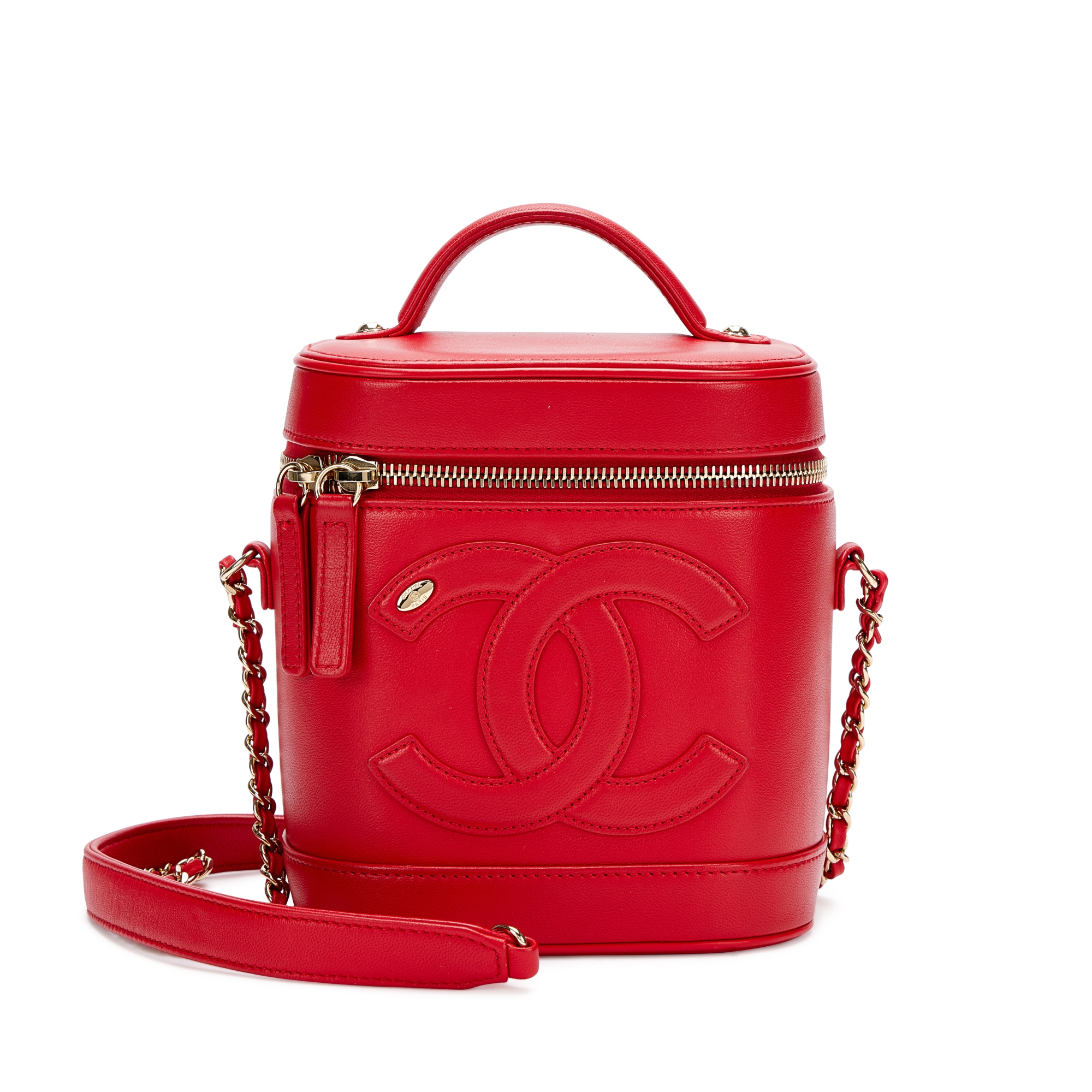 Red Lambskin Top Handle Vanity Case Pale Gold Hardware, 2019