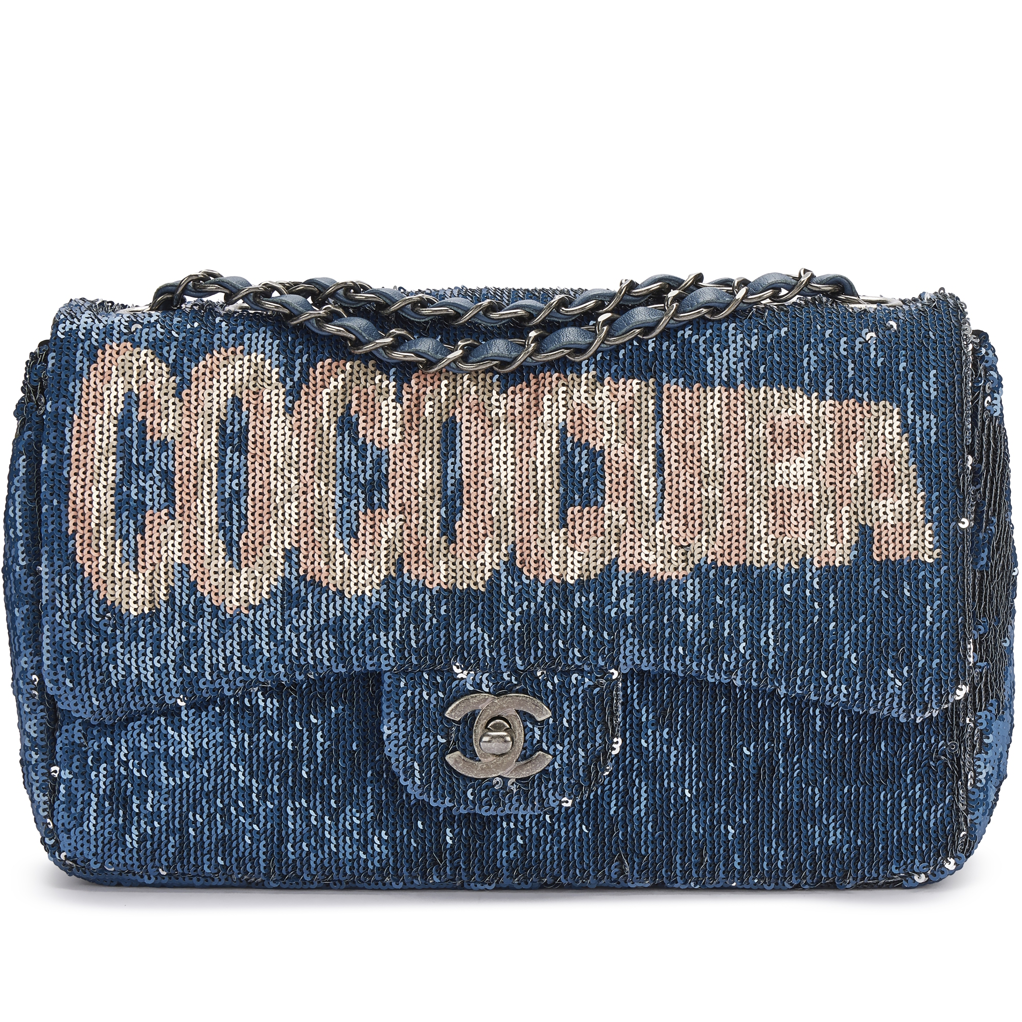 Limited Edition Blue Sequin Coco Cuba Medium Flap Bag Ruthenium Hardware, 2016-17