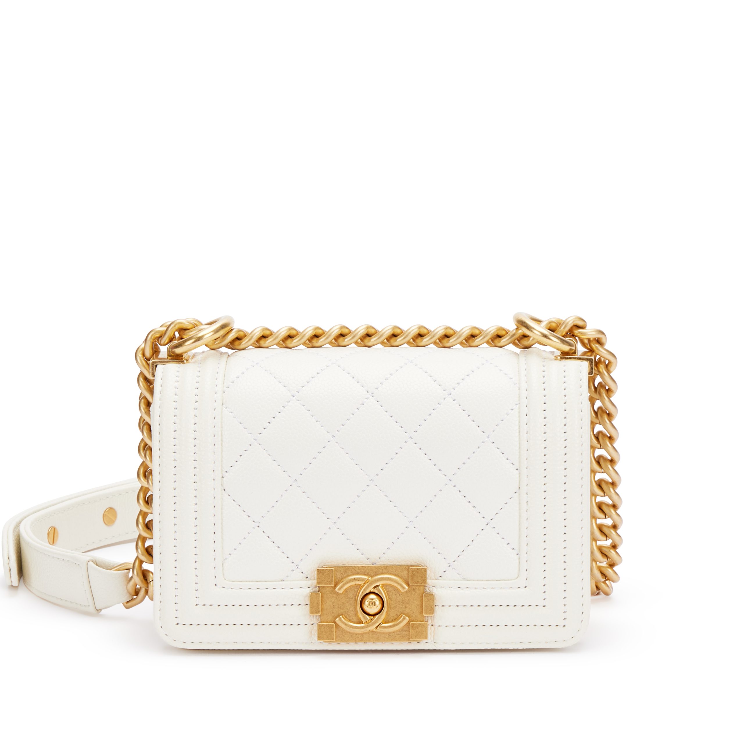 White Quilted Caviar Mini Boy Bag Aged Gold Hardware