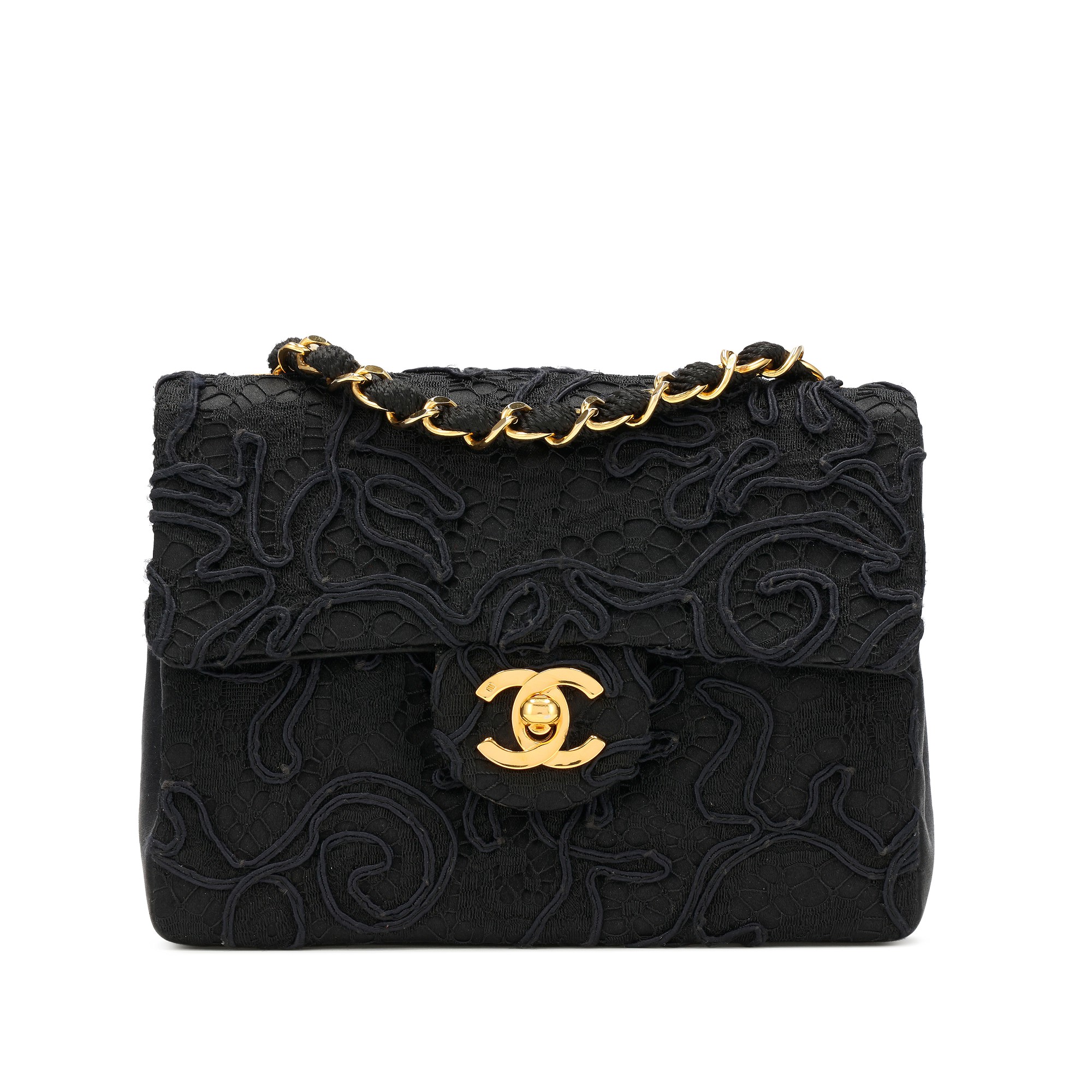 Black Lace Satin Mini Square Classic Single Flap Gold Hardware, 1991