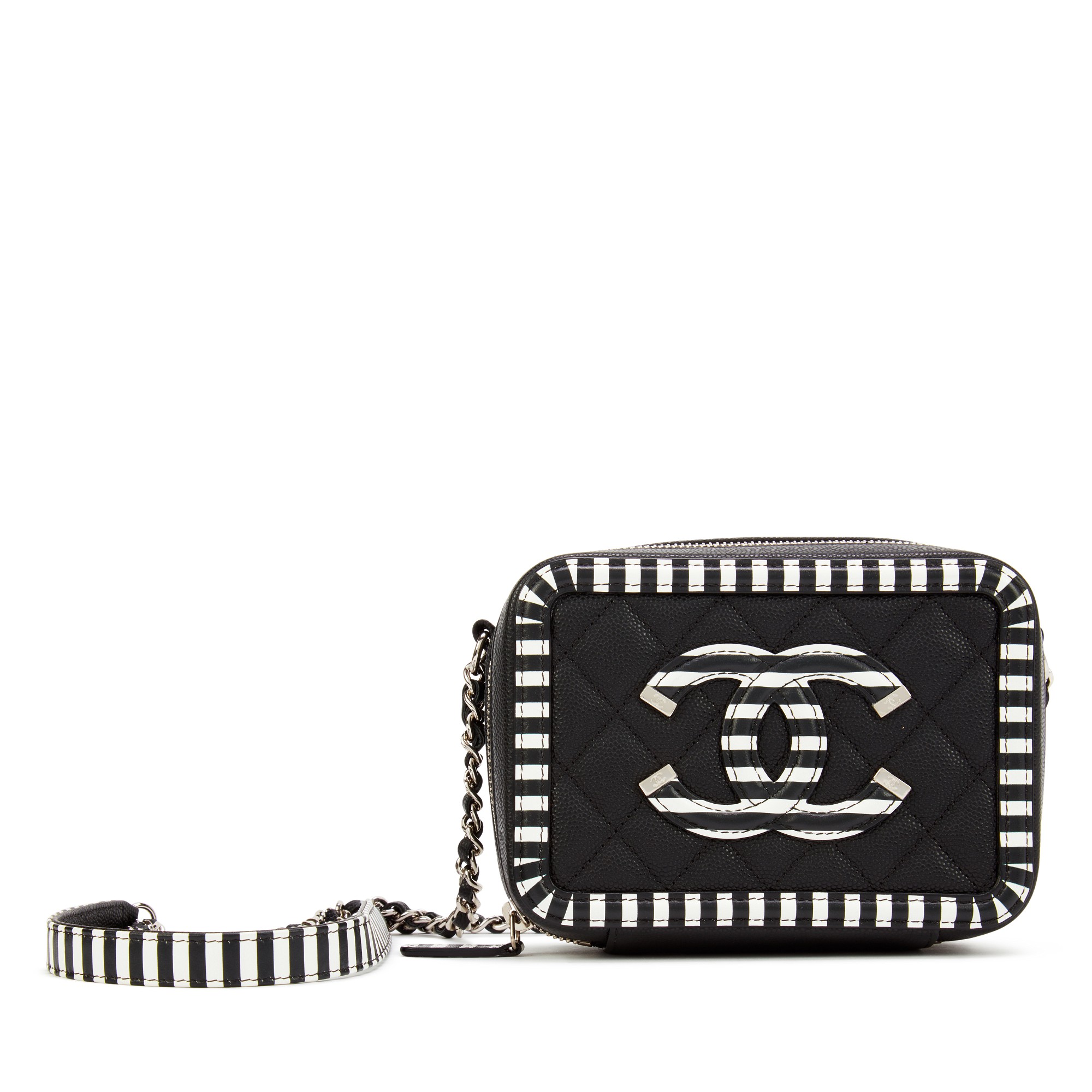 Black and White Quilted Grained Calfskin Mini Filigree Clutch with Chain Silver Hardware, 2019