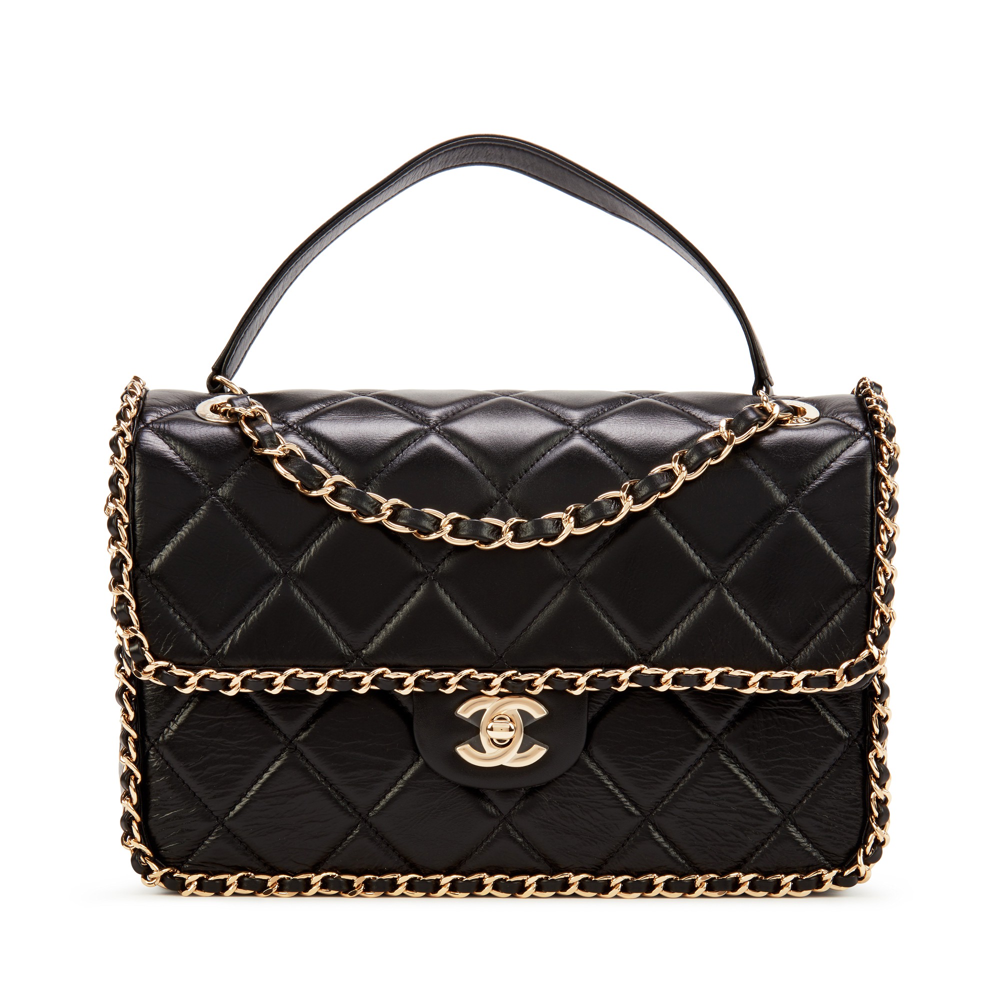 Black Quilted Aged Calfskin Medium Chain Around Single Flap Gold Hardware, 2020